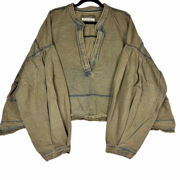 FREE PEOPLE Women’s Jude Denim Oversized Peasant Pullover Top Sz XL Warm Camel - Picture 9 of 10